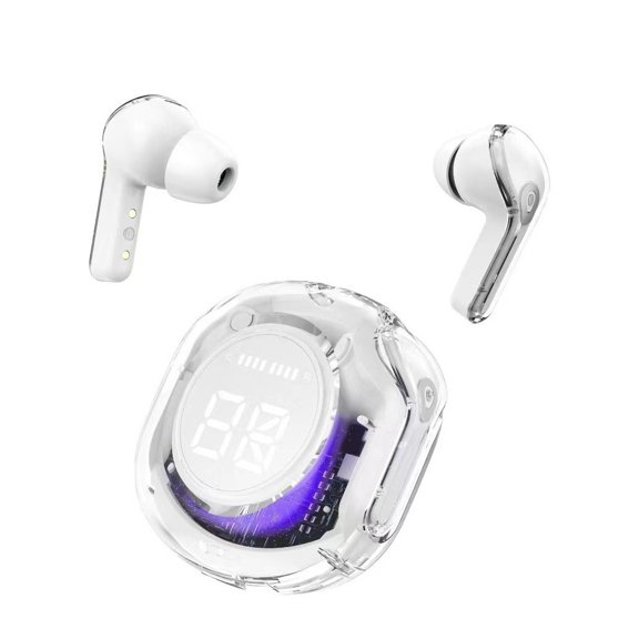 Bluetooth in-ear headphones HK6 digital display gaming sports transparent second-generation wireless Bluetooth headphones,White - opp bagged