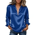 thumbnail image 2 of Qgtaibl Women's Satin Work Blouse Collar V Neck Long Sleeve Casual Business Shirts Solid Color Loose Fit Comfy Dressy Tops Blue L, 2 of 9