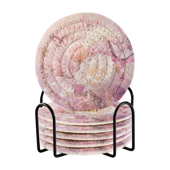WOBOGO Butterfly Garden Coil Coasters Set of 6 Minimalist Cotton Woven 3.94 inch Non-Slip Insulated and Absorbent Home Accessories.