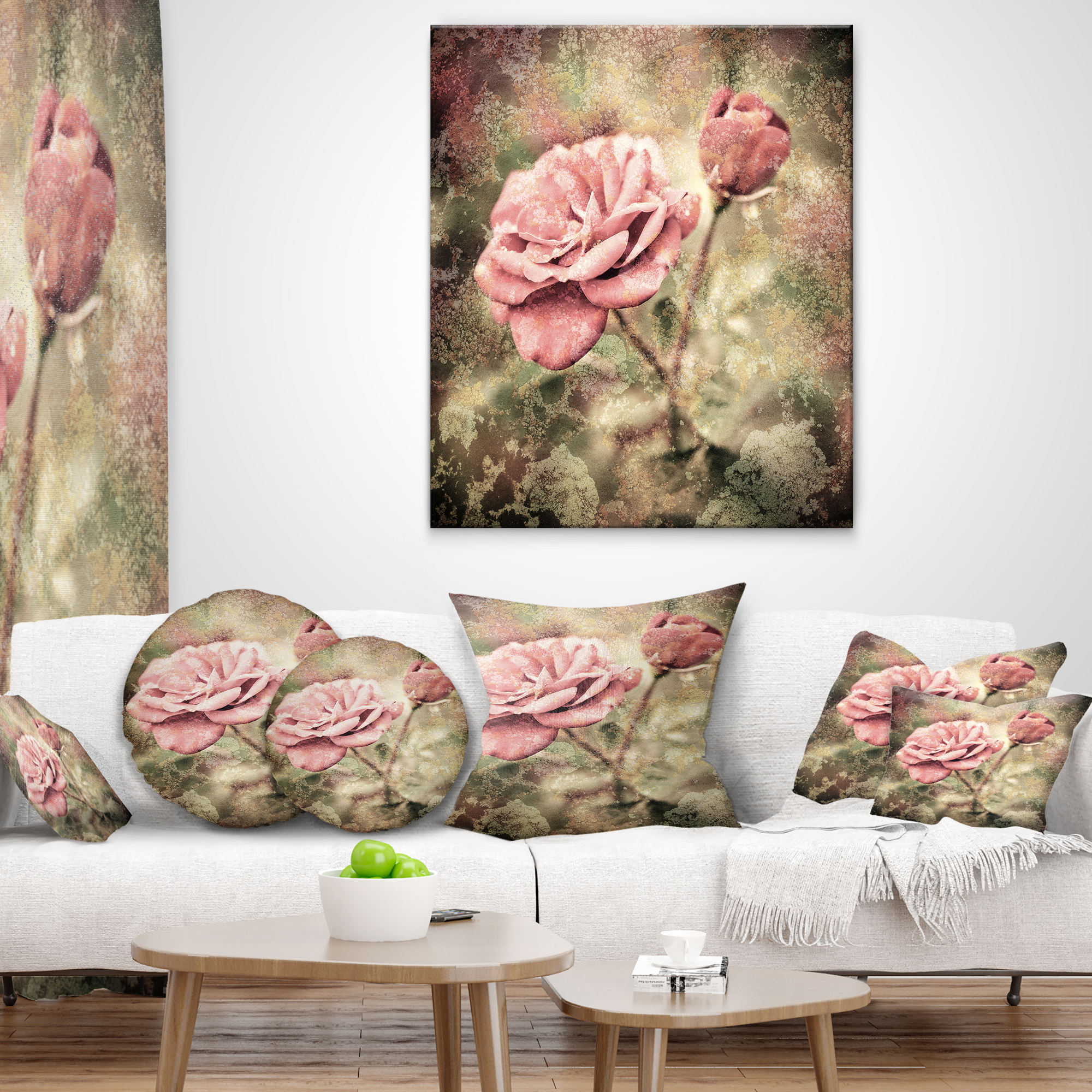 Designart Vintage Pink Roses with Water Drops - Floral Throw Pillow - 12x20