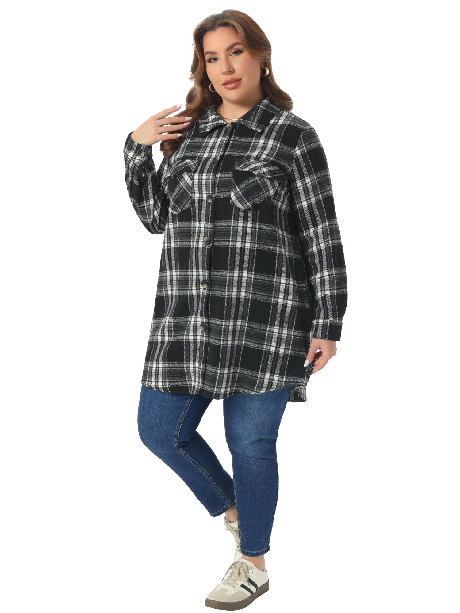 DARING DIVA Women's Plus Plaid Shacket Long Sleeve Flannel Fashion Jacket 3X Black