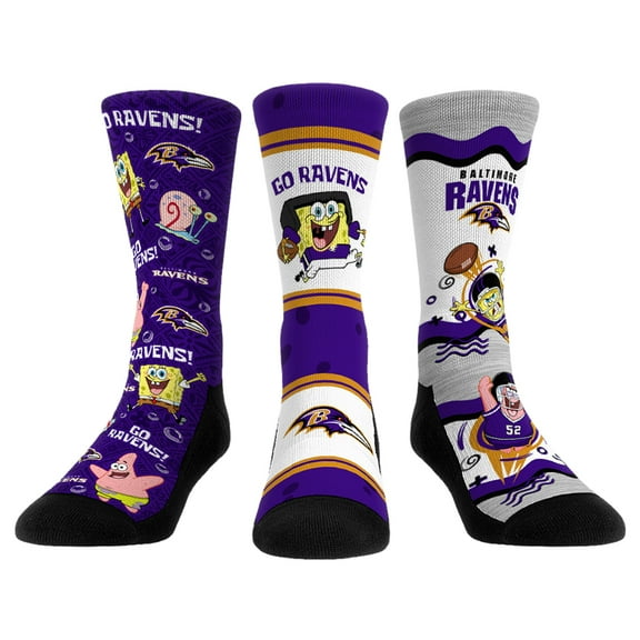 Unisex Rock Em Socks Baltimore Ravens NFL x Nickelodeon Spongebob Squarepants 3-Pack Crew Socks Set