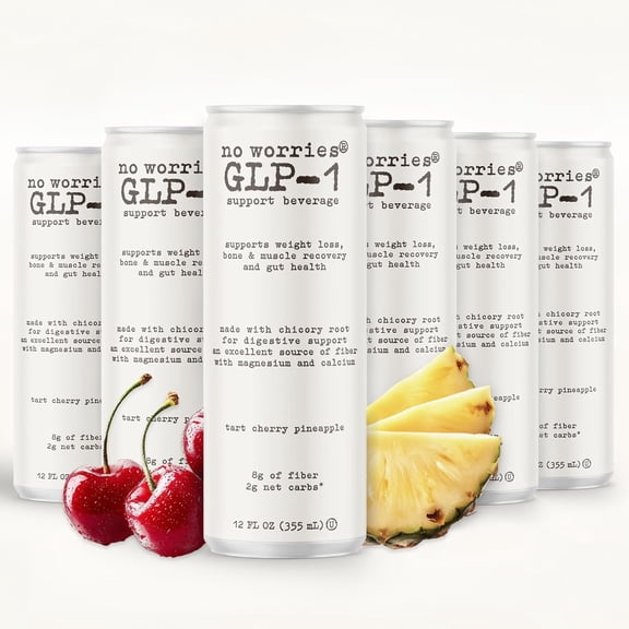 No Worries GLP-1 Prebiotic Support Beverage, Tart Cherry Pineapple 12fl oz Pack of 6