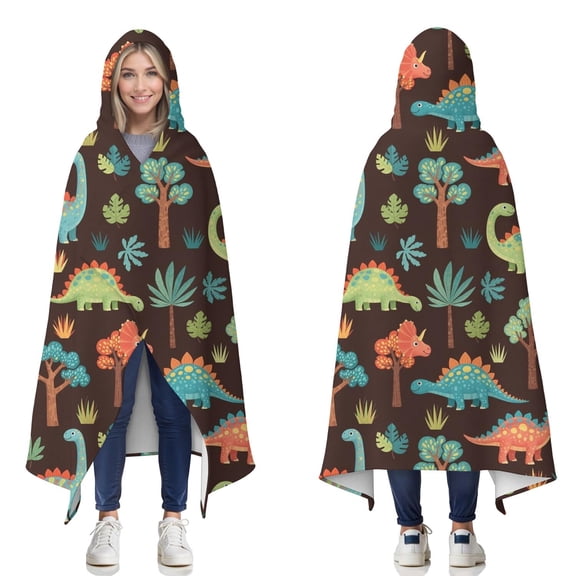 Wearable Blanket,DarkBrown Cartoon Dinosaurs Forest Pattern Hooded Wearable Flannel Blanket for Adults & Teens,Winter Poncho Shawl Wrap Cape Cozy Anti-Pill,50"x60"