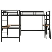 Euroco Metal L-Shaped Twin Size Loft Bed with Two Desk for Kids Teens Bedroom, Black
