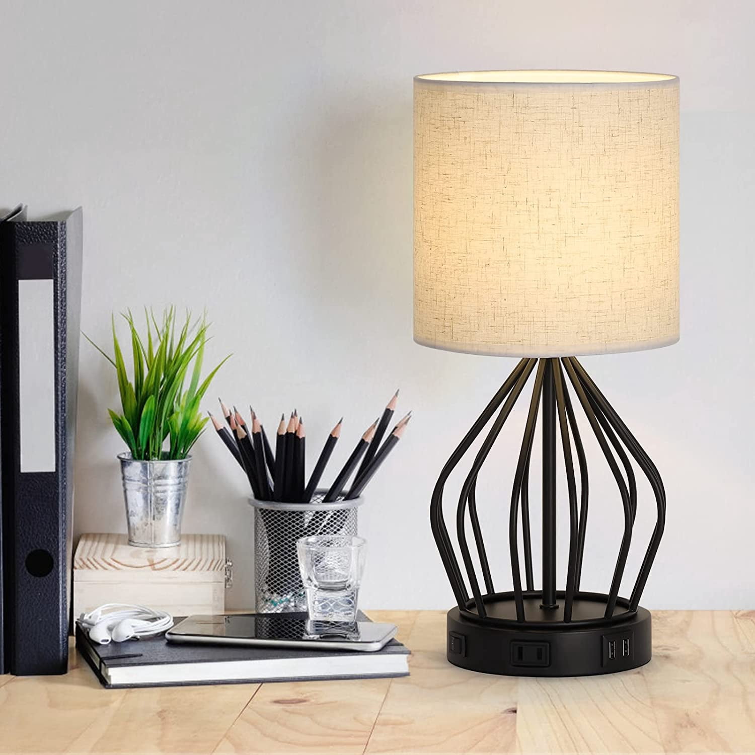 Table Lamp Set of 2, Edison Bulb Desk Lamp with 2 USB Charging Ports and AC Outlet for Dorm, Office, Bedroom, Living Room, Linen