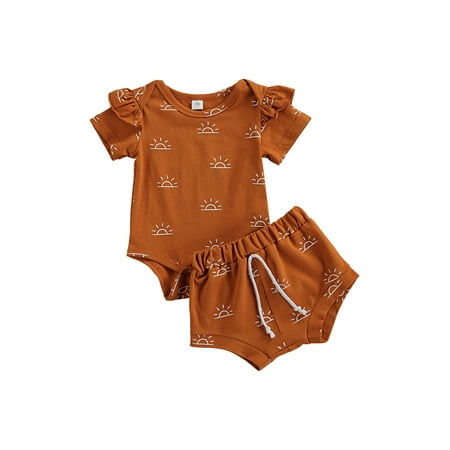 

Canrulo Summer Lovely Baby Boys Girls Clothes Sun Pattern Printed Short Sleeve Romper Shorts 2pcs Sets Brown B 0-3 Months