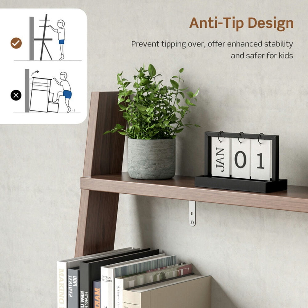 Demi Bonn 3-Tier Ladder Bookshelf, Desk Bookcase with Countertop Drawer and 2 Shelves, Brown