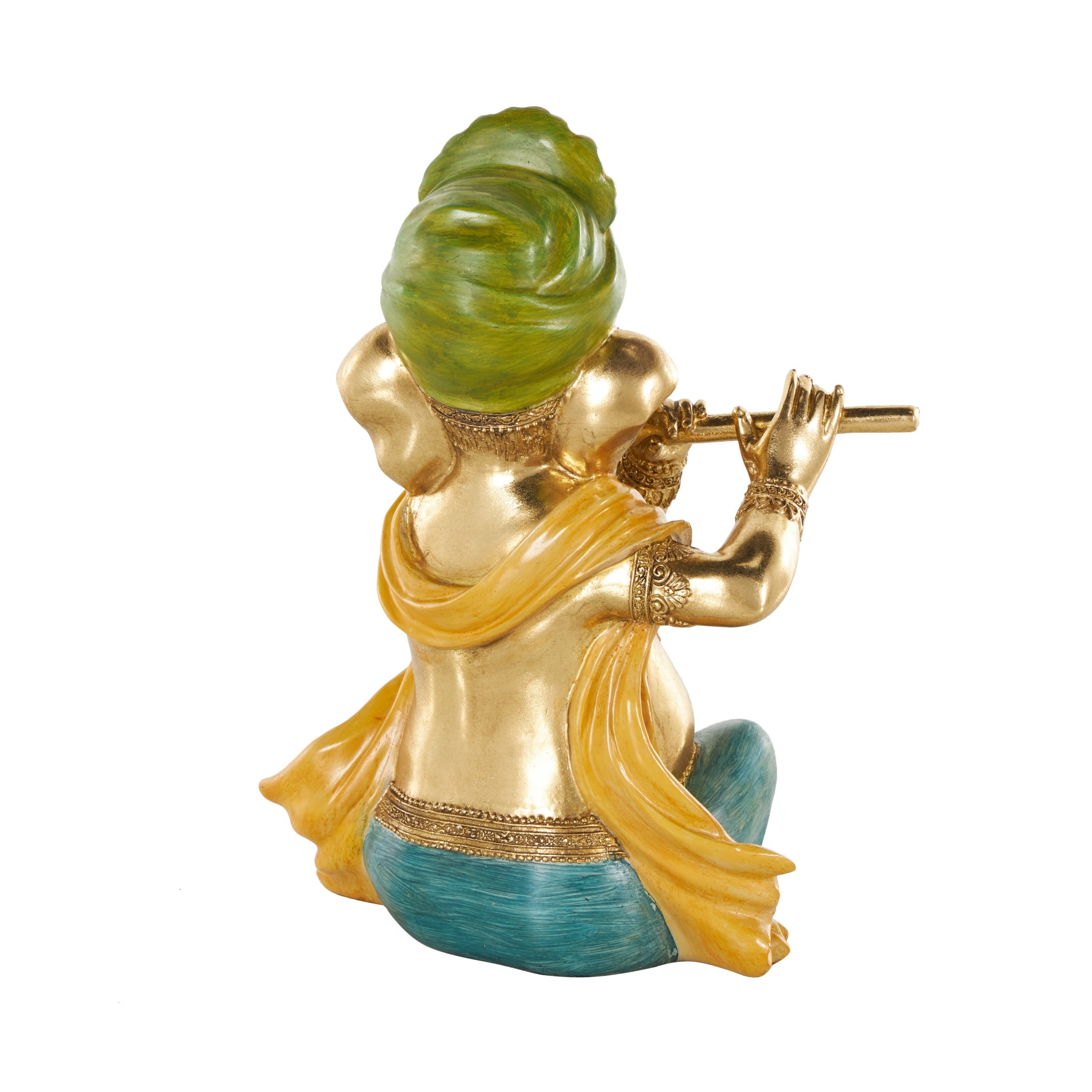 9" x 11" Gold Resin Musician Ganesh Sculpture with Green, Yellow, and Teal Accents, by DecMode