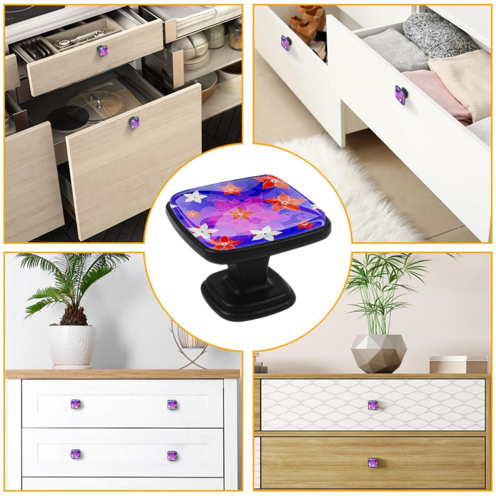 4 Pcs Cabinet Handle Drawer Pulls Blue Floral Flower Knobs with Screws Square Furniture Office Cabinet Knob Decoration