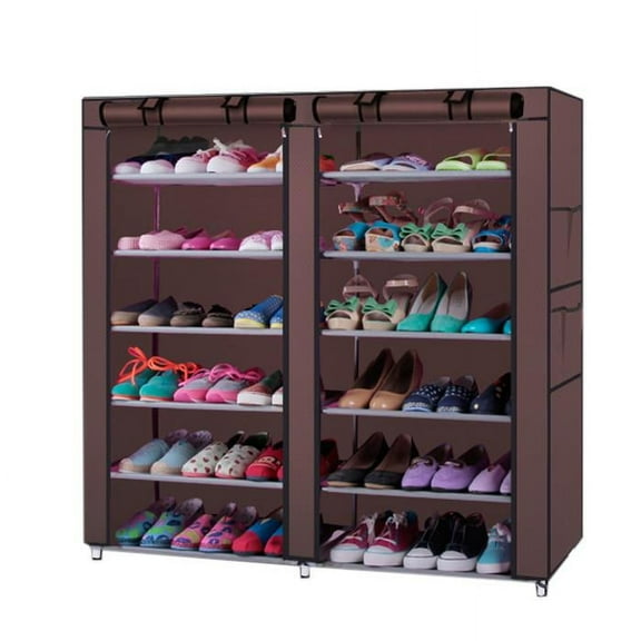 BaytoCare Portable Double Row 6 Tiers Shoe Cabinet 36 Pairs Shoe Rack Shelf with Dustproof Cover, Shoe Storage Organizer for Closet Entryway Bedroom, Coffee Finish