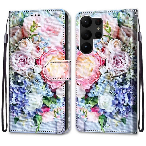 SaniMore Painted Wallet Case Compatible with Galaxy S23, Stylish PU Leather Shell Magnetic Closure Shockproof Kickstand Case with Wrist Strap for Samsung Galaxy S23, Pink Floral