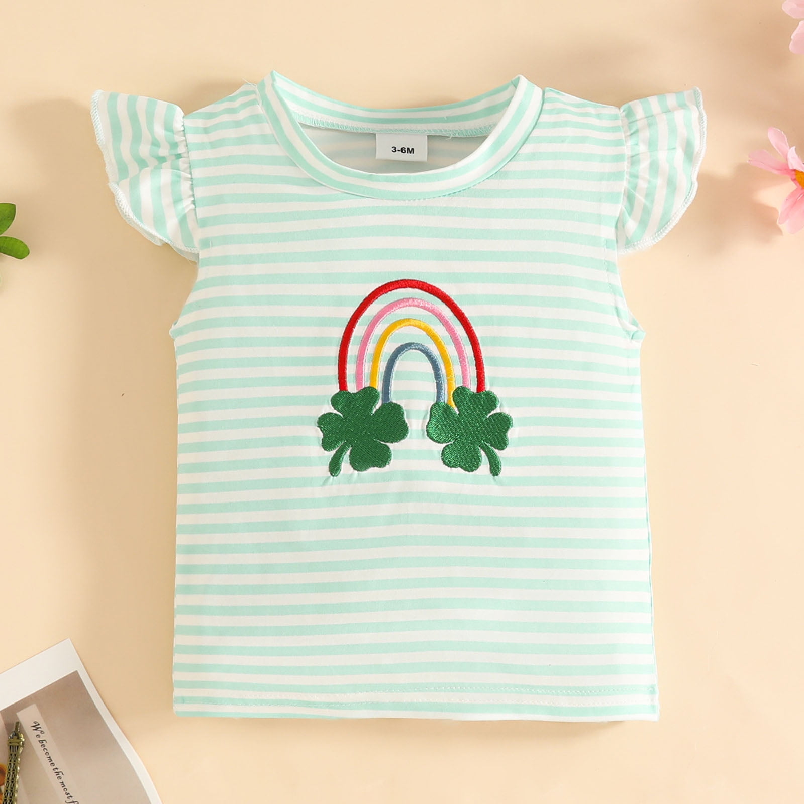 Staki Baby Girl St. Patricks Day Outfits Toddler Lucky Charm Tshirt Ruffle Clover Print Tops+Ruffle Cuff Striped Pants Set St. Patrick's Day Shorts 3-24M 2-3Y(Green,2-3 Years)