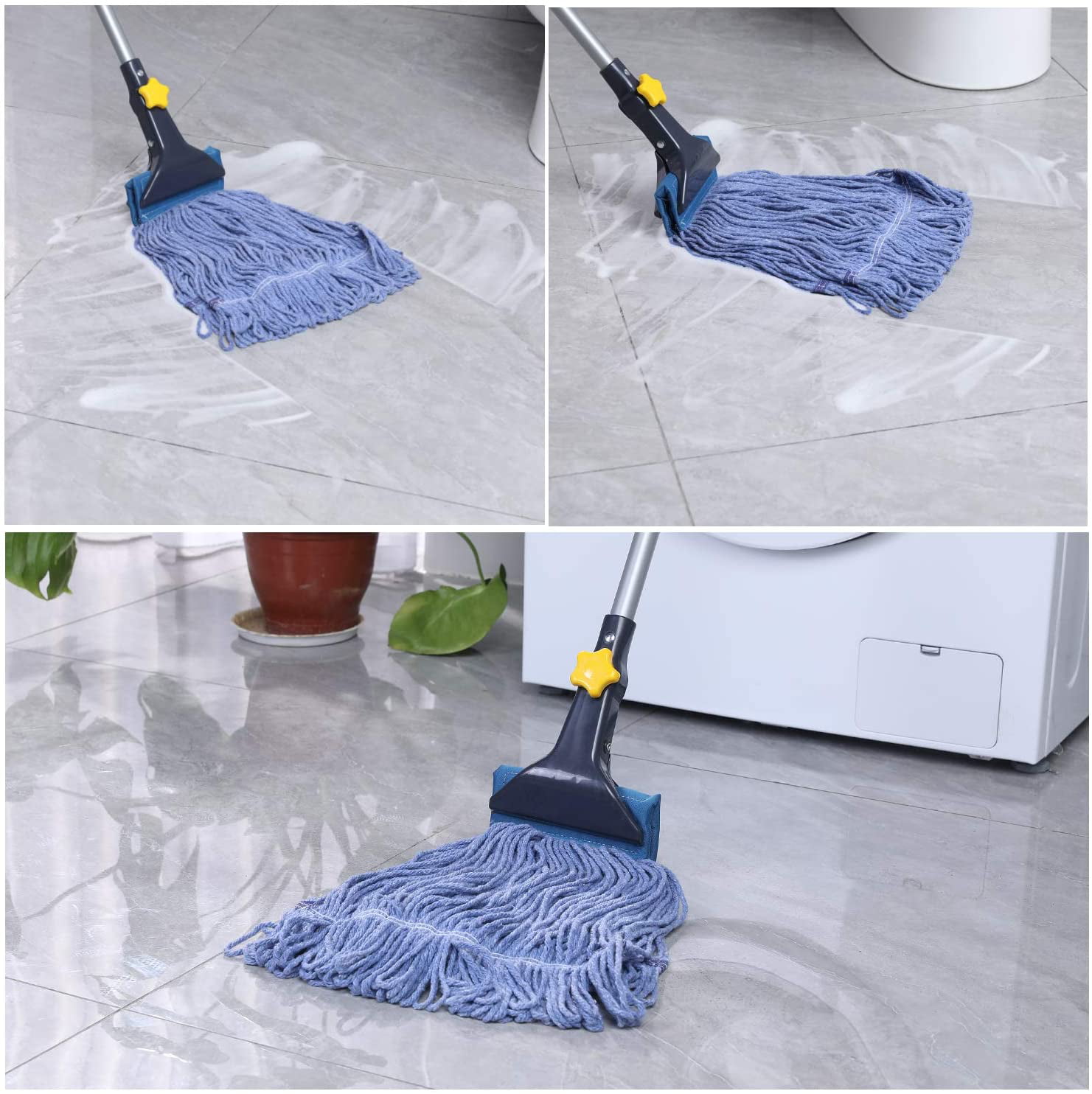 Garage Kitchen Hotel Floor Cleaning Industrial Heavy Duty Mop with 2Pcs Mop Pads Cotton Wet Looped-End String Mop with 51.6 Stainless Steel Handle for Home Commercial Mop Office 