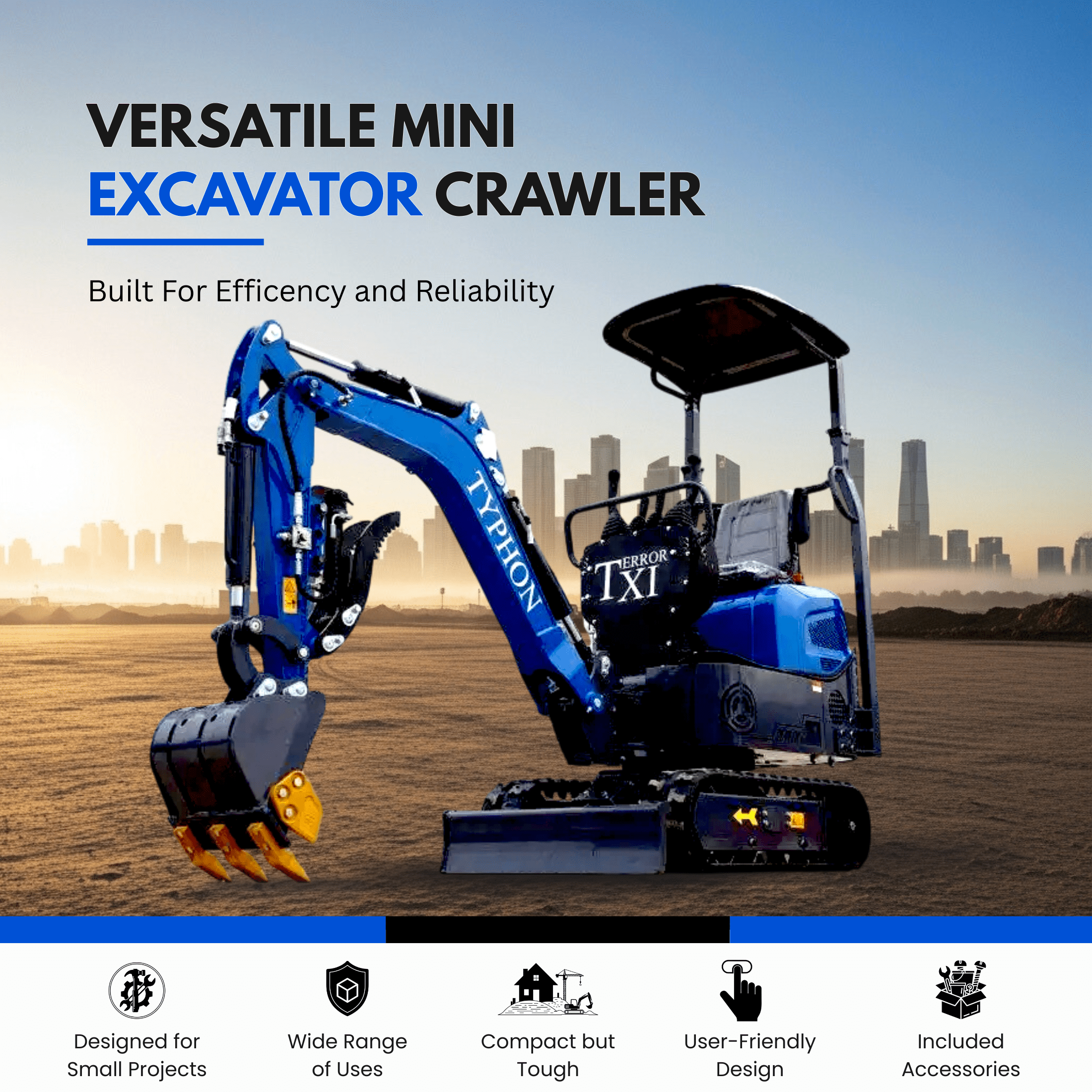 TYPHON Storm Mini Excavator - 1.1 Ton Trench Digger with Boom Swing, Bucket
