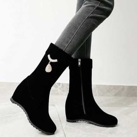 

ZMHEGW Women Boots Ladies Solid Color Suede Rhinestone Buckle Side Zipper Inner Boosting Middle Boots Shoes