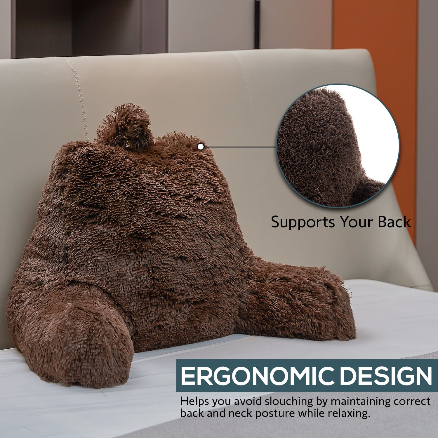 Cheer Collection Fluffy Reading Pillow - Long Shaggy Hair TV and Gaming Pillow with Armrest