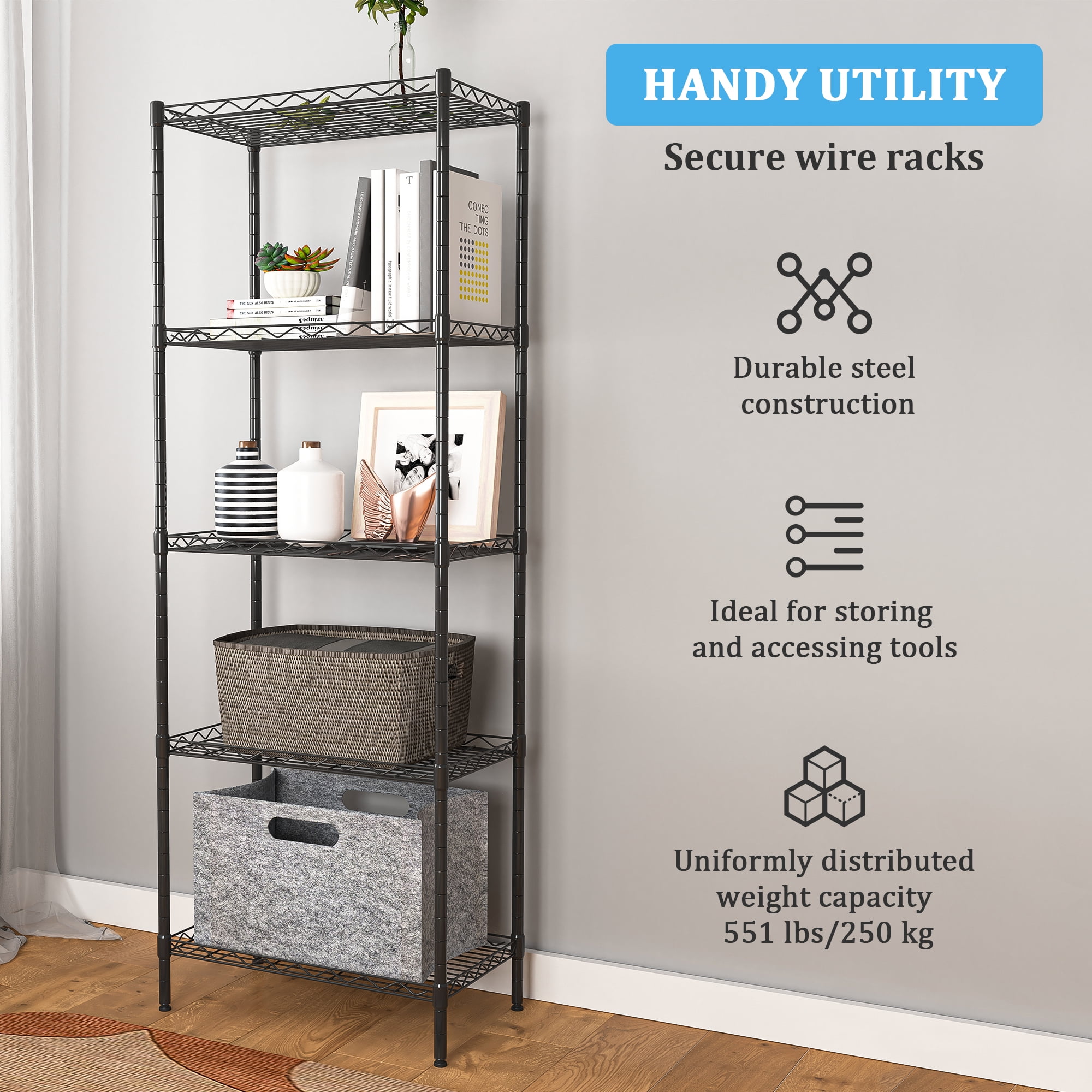 YYAo 5 Tier Wire Shelving, 59.06" Metal Display Shelf for Kitchen, Adjustable Black Plant Shelf Rack YYAo 5 Tier Wire Shelving, 59.06" Metal Display Shelf for Kitchen, Adjustable Black Plant Shelf Rack