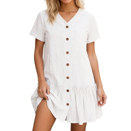 DGMIOCS Women s Dress With Pocket And Button Front Flowy Hem Short Sleeve Loose Fit Tunic White XXXL