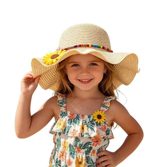 Avolia Children Sun Hat Straw Plaited Floral Motif Outdoor Play Beach Cap with Wide Brim Beige One Size