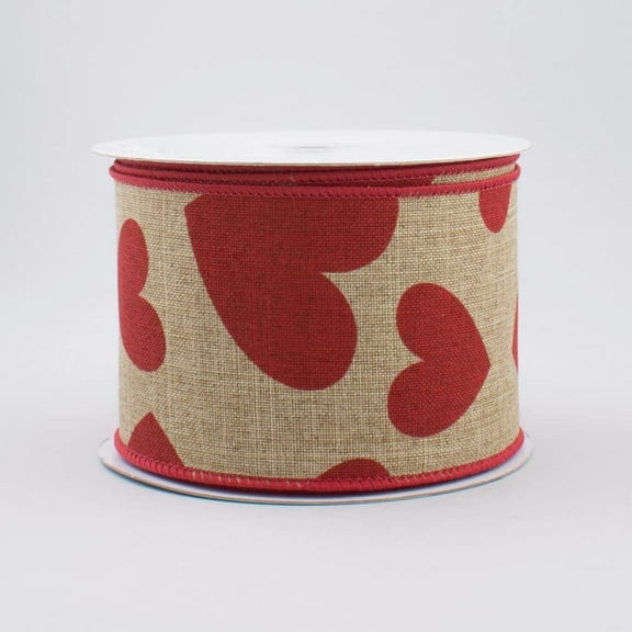 2.5" Wide Expressions Royal Canvas Large Heart Seasonal Print Wired Ribbon Natural & Red 10 Yards Valentine'S Day