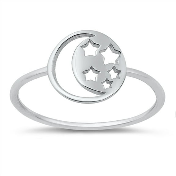 High Polish Sterling Silver Cut Out Moon And Stars Plain Ring Size 9