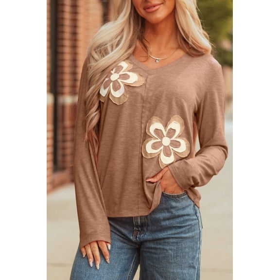 Floral Patchwork V-Neck Long Sleeve Top