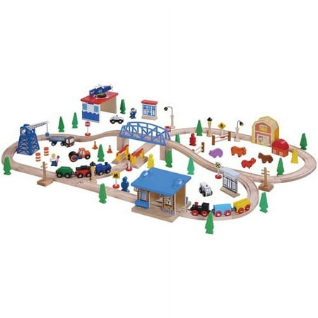 UPC: 0647069501170 | Maxim Enterprise Huge 100 Piece Wooden Train Set – 100 Percent Hard Wood Track Bridges 2 Trains Helicopter Buildings Police Car Farm Much More. Compatible with Major Brands Child Safe Ages 3+