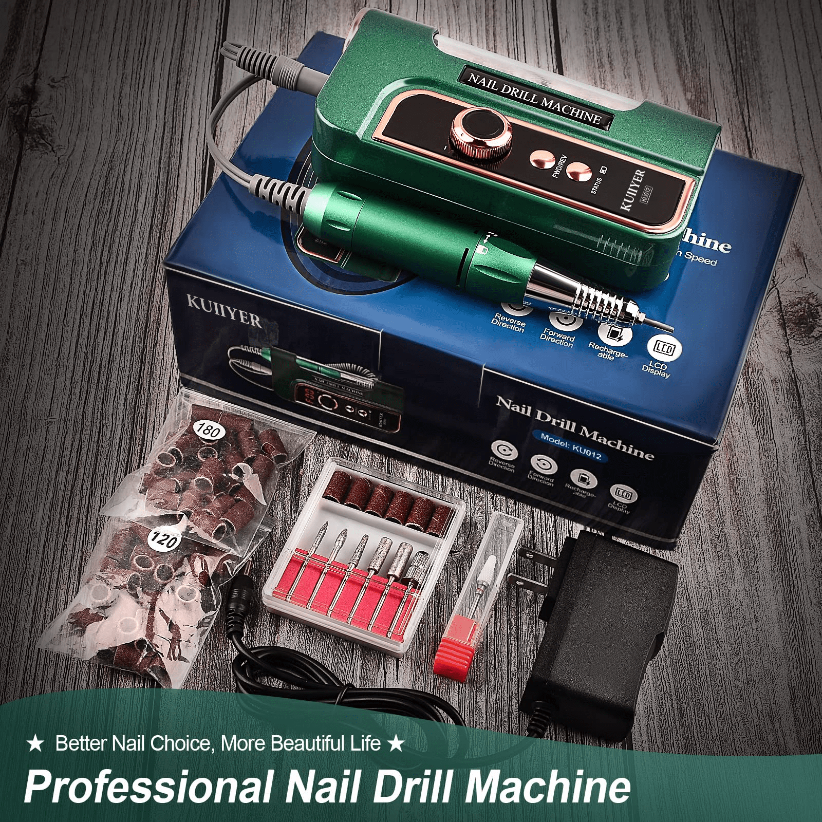Professional Nail Drill , KUIIYER 35000RPM Electric Nail Drill Kit (66Pcs Portable 3000mAh Cordless Rechargeable Variable Speed All-Metal Nail File Set) for Acrylic Nails DIY Manicure Pedicure