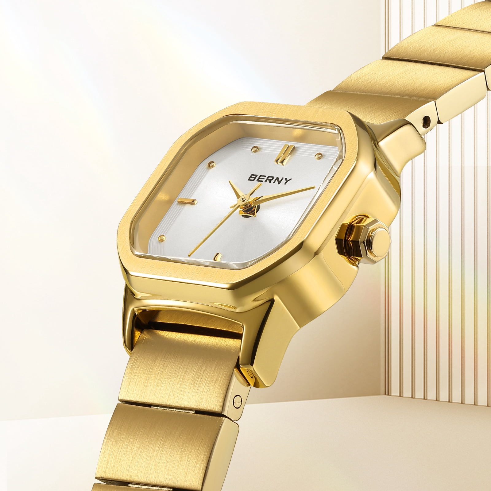 BERNY Small Gold Watches for Women, Dainty Minimalist Dress Watch with Square Dial, Vintage Stainless Steel Bracelet Watch, Waterproof, Ladies Luxury Gifts (White)