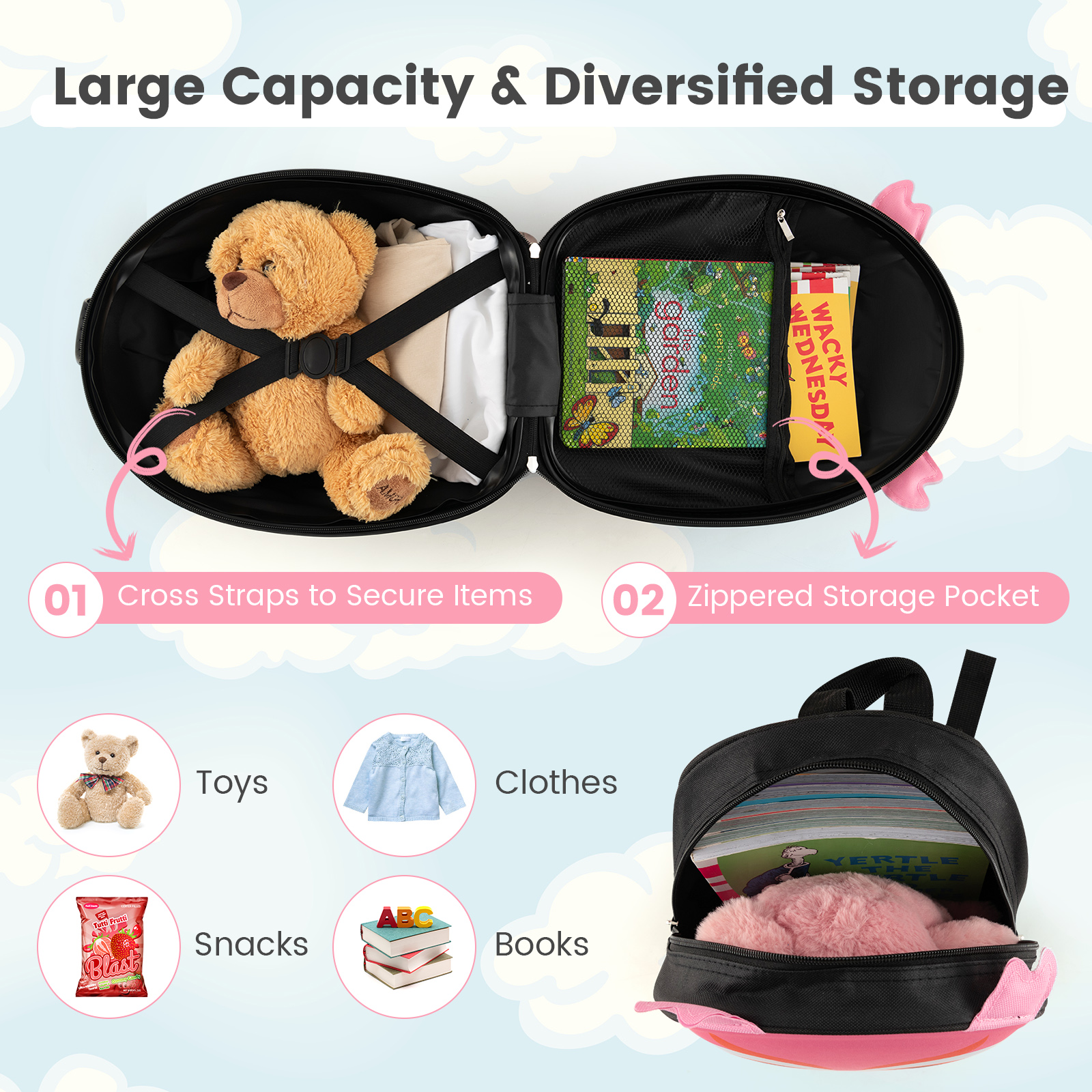Infans 2PCS Kids Carry On Luggage Set 16" Owl Rolling Suitcase w/ 12" Backpack Travel