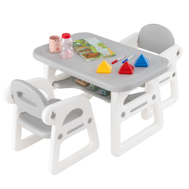Costway 3-Piece Kids Table and Chair Set Toddler Activity Study Desk with Building Blocks Gray