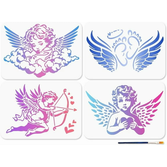 4 Styles Angel Cupid Stencils 11.7x8.3inch Reusable Angel Wings Stencil for Craft Valentine's Day Angel Shooting Footprints Template with Paint Brush for Floor Fabric Furniture Decoration colorful