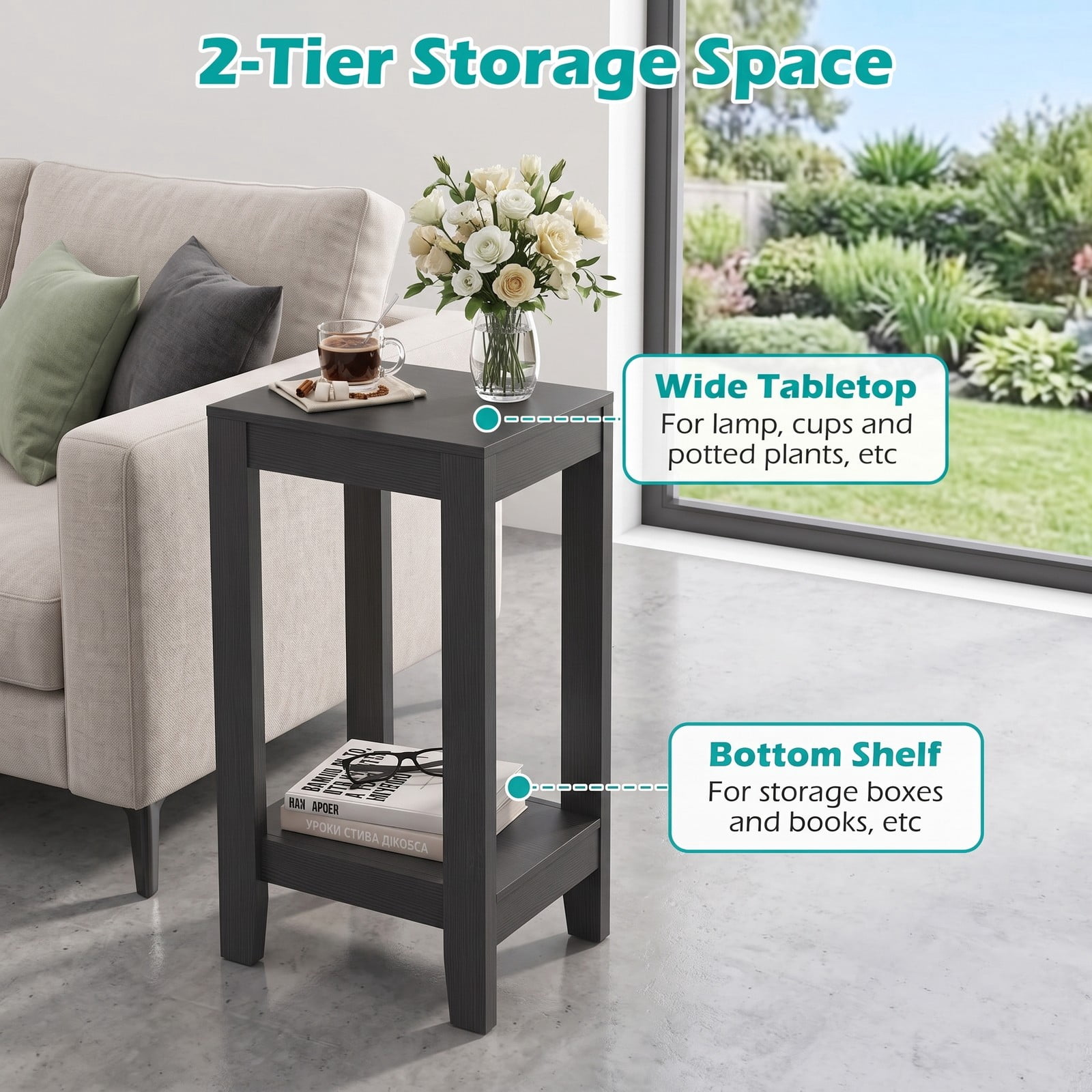 Furnibear Set of 2 End Tables 2-Tier Nightstand Side Table with Storage Shelf for Living Room Bedroom Small Space, Wood Sofa Side End Table Set, Black