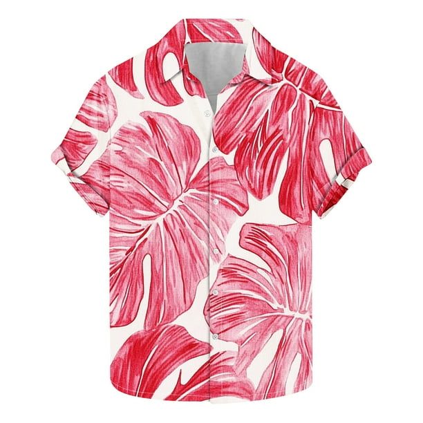 Camisas Hawaianas de los Hombres de Moda Casual Floral Impresión de Manga Corta Solapa Botón Arriba, Ligero para Primavera Verano