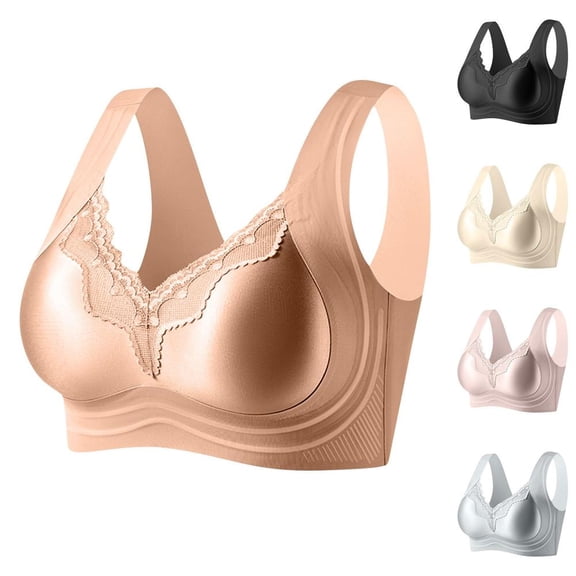 Bxsruta Women's Plus Size Wirefree Push Up Bra Lace Breathable Comfort Everyday Bra Nylon Spandex 4 Pack