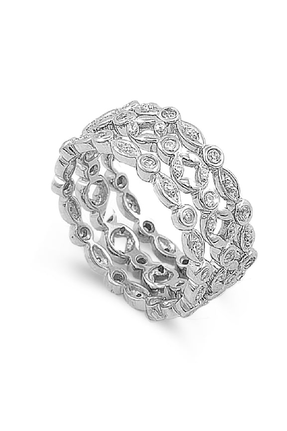 Tri Row Eternity Filigree Cubic Zirconia Ring Sterling Silver 925 Size 6