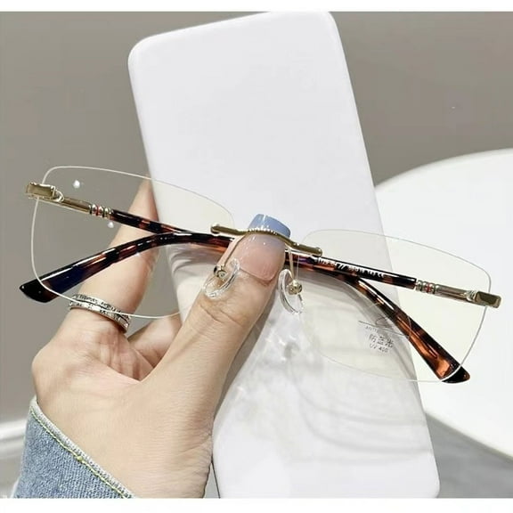 Women tortoiseshell Rimless Rectangular Reading Glasses, Men Frameless Metal Blue Light Blocking Readers