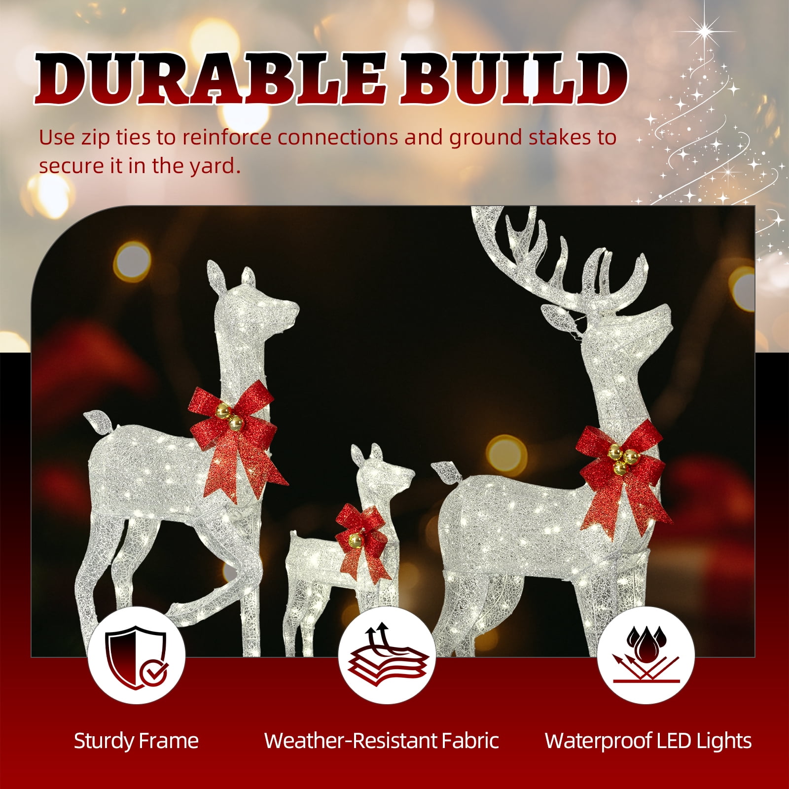 Astoutdoor 3-Piece Lighted Christmas Reindeer Family Set, Pre-Lit 290 LED Warm White Lights, Weather-Resistant Outdoor Holiday Decoration, White