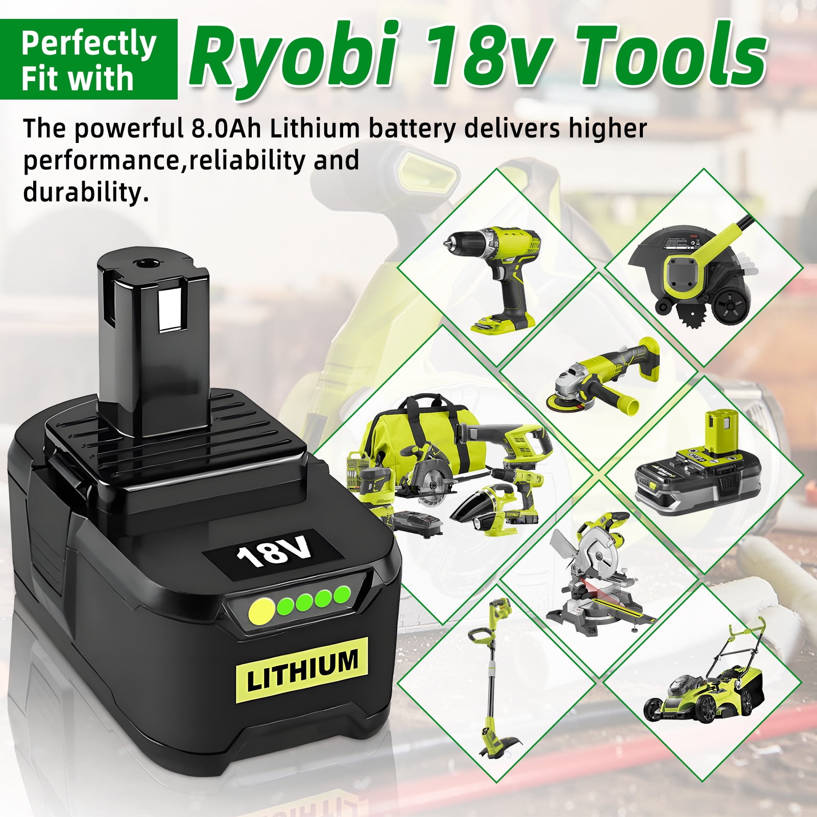 2 Pack High-Capacity 8.0Ah Battery Replacement for Ryobi 18V Battery Fits for Ryobi Battery Compatible with Ryobi Battery 18V P102 P103 P104 P105 P107 P108 P109 P190 P122