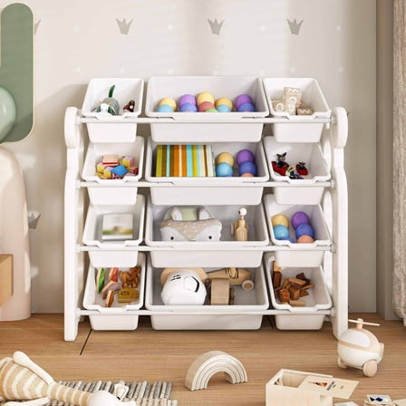 MONTARY Multi-Functional Kids Toy Storage Organizer with HDPE Shelf and 12 Bins, Grey White