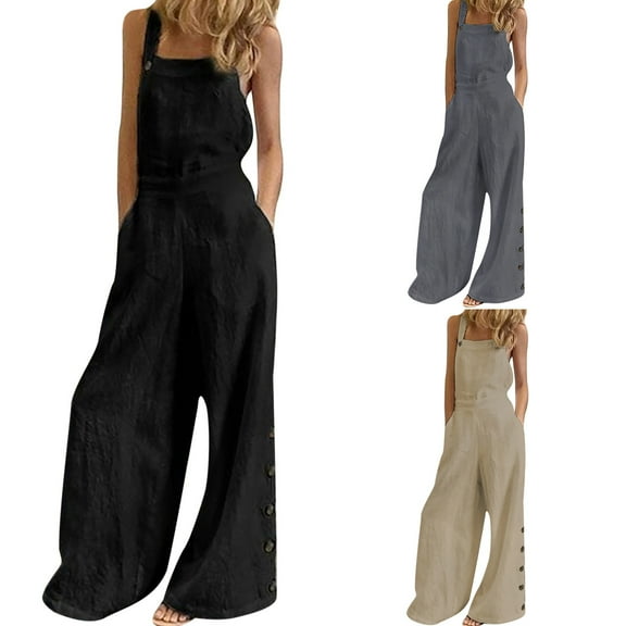 lcziwo Overalls for Women 2025 Summer Loose Wide Leg Jumpsuits with Pockets Solid Casual Button Bib Overalls One Piece Jumper Pants Beach Outfits Holiday Sales