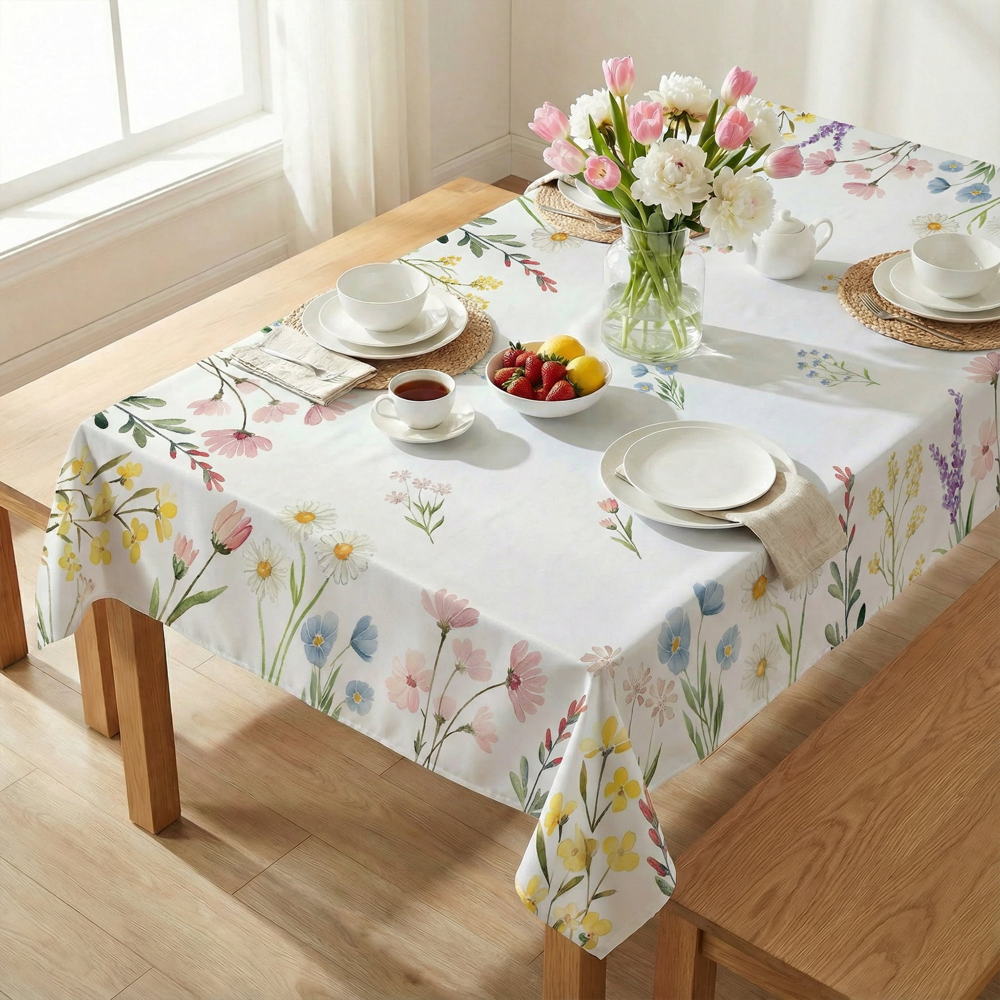 Sm:)e Blooming Floral Wild Flowers Spring Tablecloth 60 x 84 Inch Seasonal Rectangle Washable Table Linen Holiday Table Cover for Home Kitchen Dinner Decor