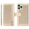 thumbnail image 7 of Allytech Wallet Case for iPhone 15 Pro, Fashion Glitter PU Leather Case with Detachable Wrist Strap, Zipper Purse Kickstand Card Slots Magnetic Closure Shockproof Protective Case - Gold, 7 of 7