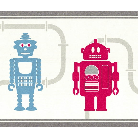 Dundee Deco Prepasted Wallpaper Border - Kids White, Grey, Silver, Red Robots, 15 ft x 7 in