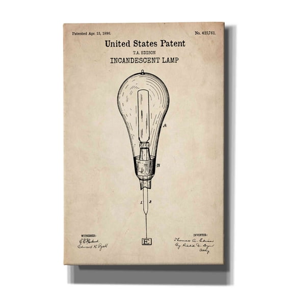 Epic Graffiti "Incandescent Lamp Blueprint Patent Parchment" Giclee Canvas Wall Art, 12"x18"