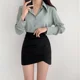 thumbnail image 4 of Falda ajustada marrón para mujer, minivestido de cintura alta, elástica, irregular, profesional, ajustada, temporada de otoño, 4 of 5
