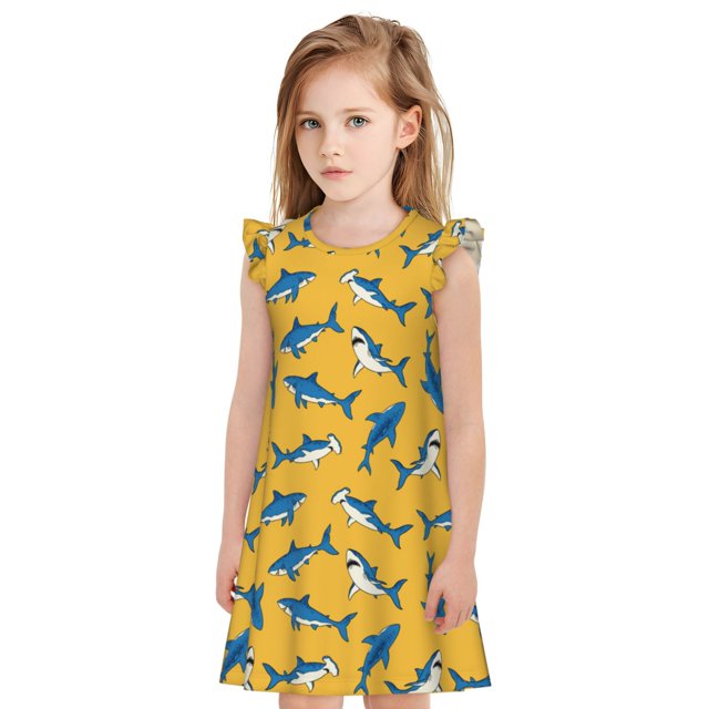 Fotbe Shark Print Vestido de Dormir para Niñas de 3 a 10 Años, Mangas Cortas, Estilo Princesa, Pijama Camisón con Mangas Voladas-Small