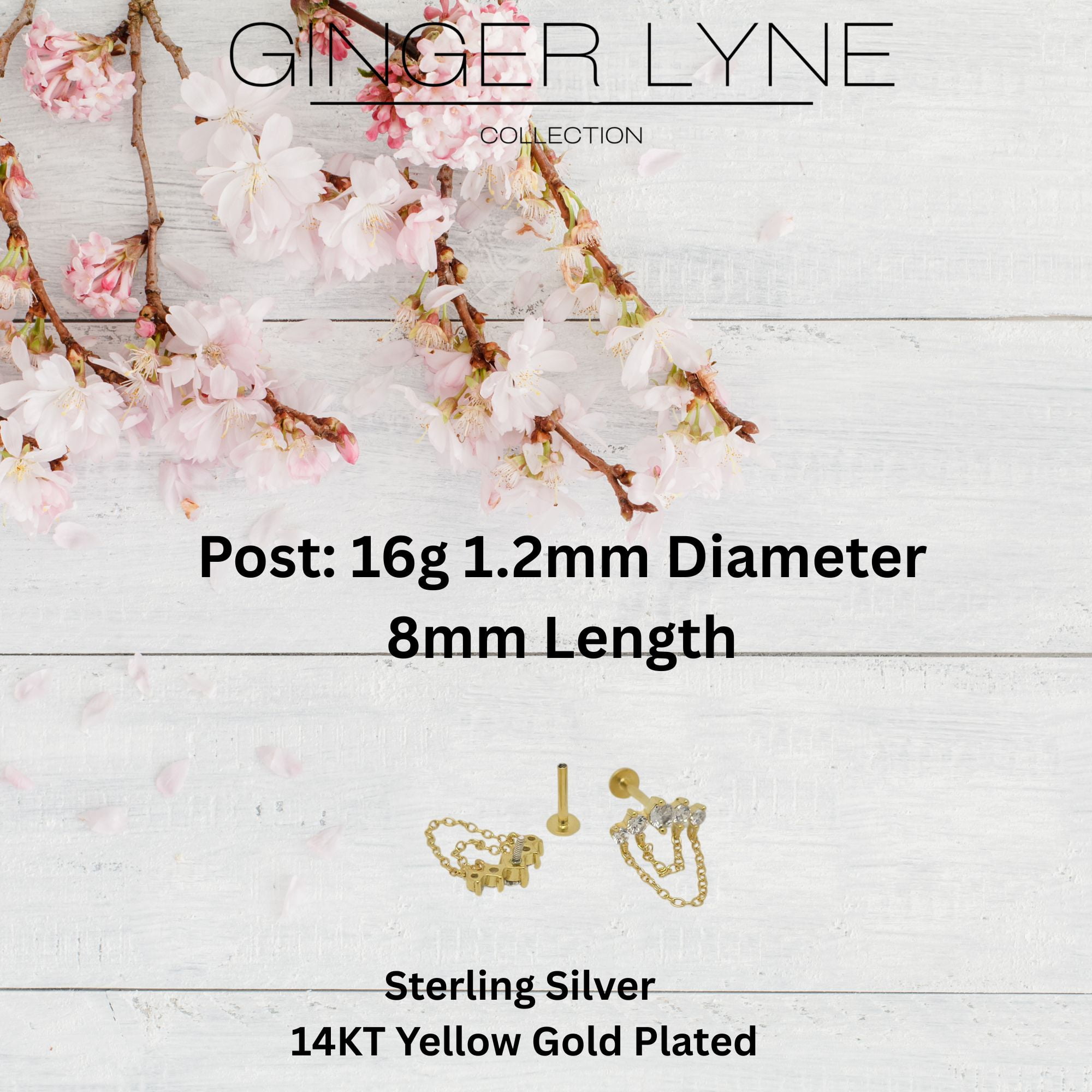 Crawler with Chains CZ Flat Back Earrings 16g Cartilage Helix Tragus Lobe Sterling Silver 1 pair by Ginger Lyne