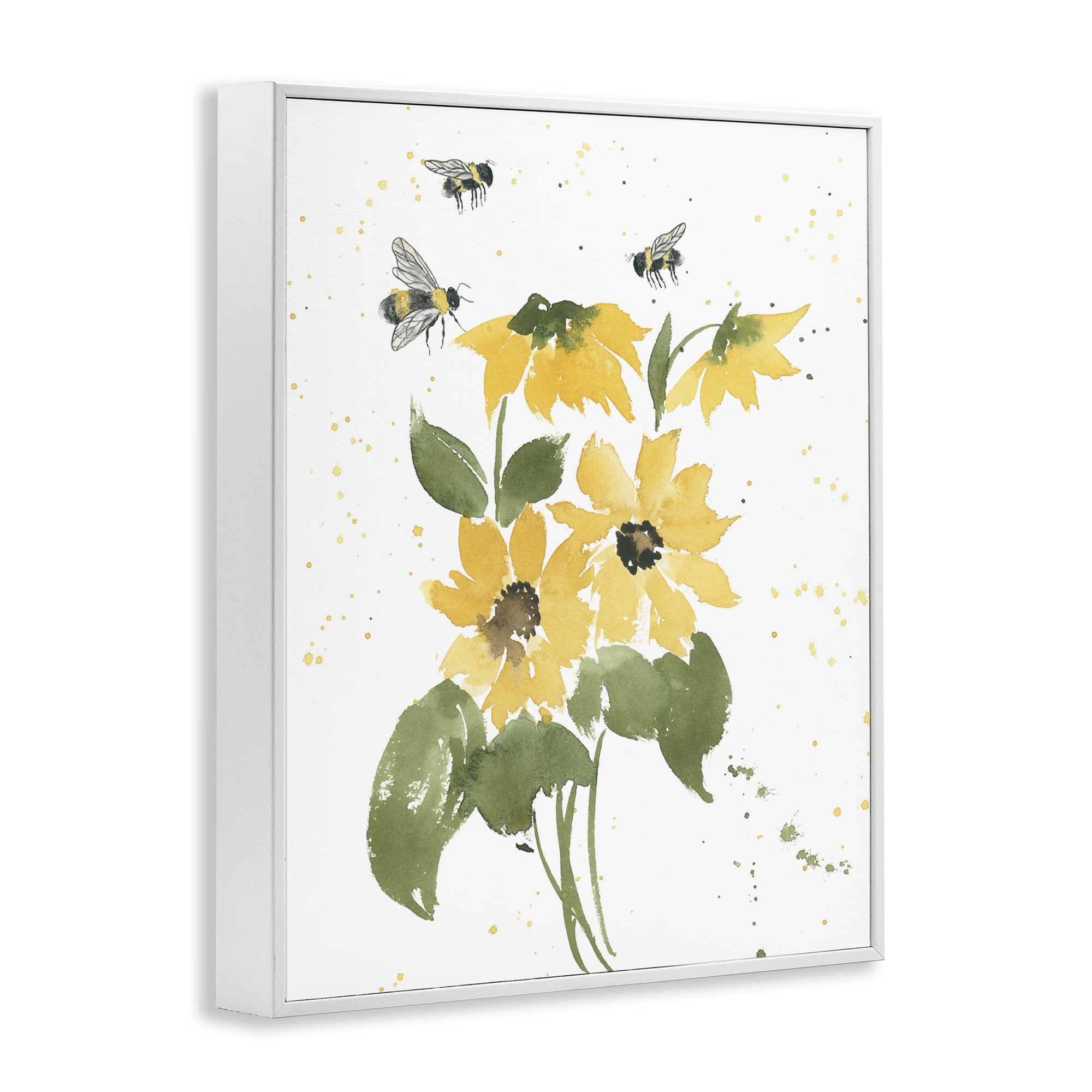 Stupell Industries Bumble Bees & Daisies Botanical & Floral Painting White Framed Art Print Wall Art, 16 x 20